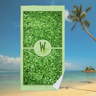Toalha De Praia Monograma Elegante Verde com Brilho