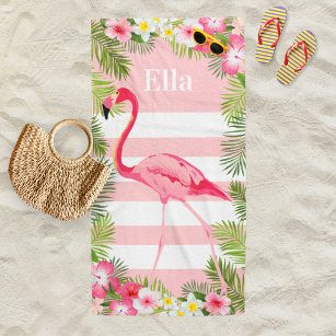 Toalha De Praia Monograma Flamingo Floral, cor-de-rosa tropical