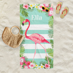 Toalha De Praia Monograma Flamingo Floral Tropical Aqua Rosa Rosa