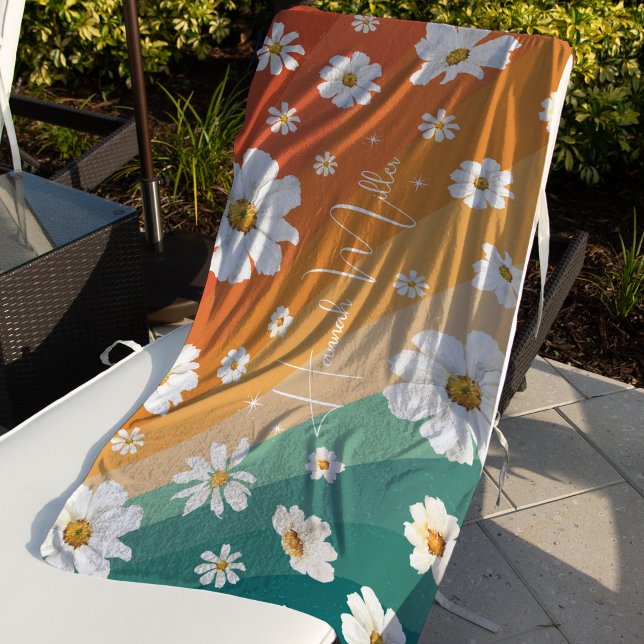 Toalha De Praia Monograma Floral Arco-Íris Retro Daisy (Criador carregado)