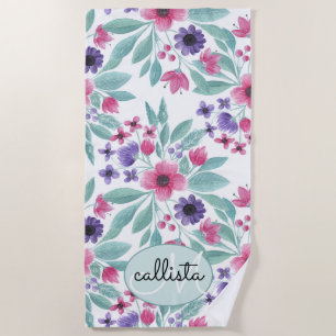 Toalha De Praia Monograma Floral com Cor de Letra Púrpura Rosa Gir