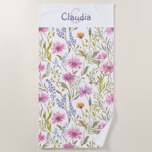 Toalha De Praia Monograma Floral de Flores Silvestres Bonito