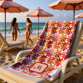 Toalha De Praia Monograma Floral Laranja Rosa Vintage Retro