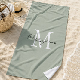 Toalha De Praia Monograma Moderno Nome Verde Salvia