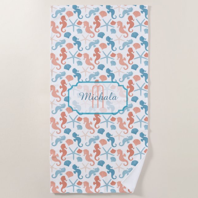 Toalha De Praia Monograma Náutico Azul Tangerino (Frente)