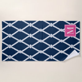 Toalha De Praia Monograma Náutico Preppy Costeiro – Azul Marinho e