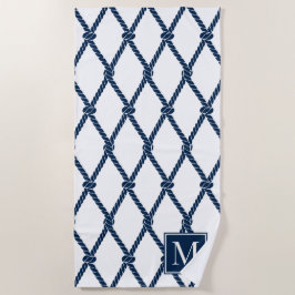 Toalha De Praia Monograma Náutico Preppy Costeiro – Branco e Azul 