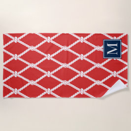 Toalha De Praia Monograma Náutico Preppy Costeiro – Vermelho & Azu