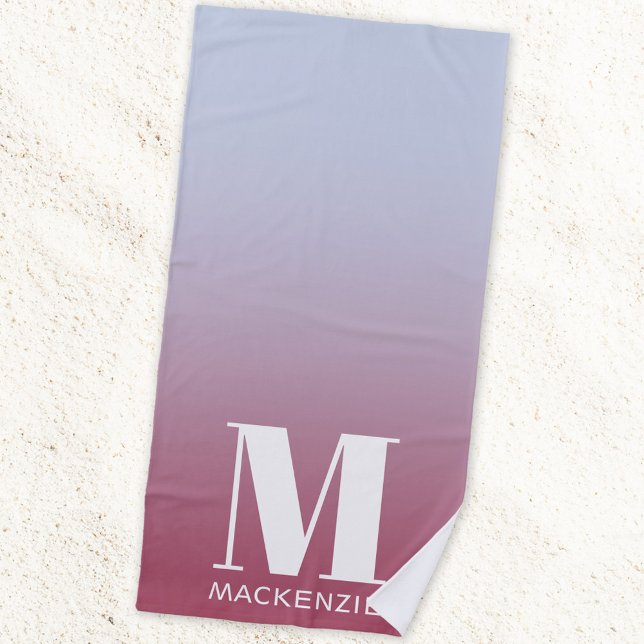 Toalha De Praia Monograma Nome inicial Gradiente Cor-de-rosa azul (Modern monogram initial personalized pink blue gradient  beach towel)