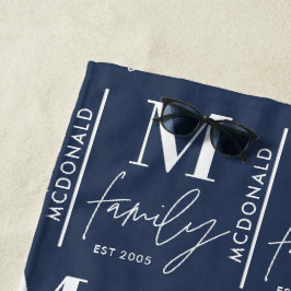 Toalha De Praia Monograma personalizado da família azul mínima mod