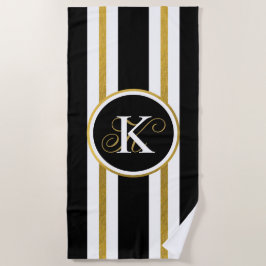 Toalha De Praia Monograma Personalizado de Stripes Negras e Dourad