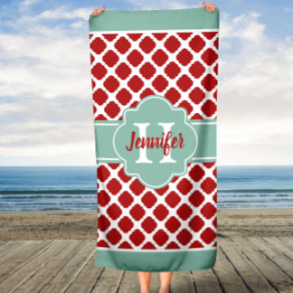 Toalha De Praia Monograma Personalizado do Quatrefoil Coral Mint