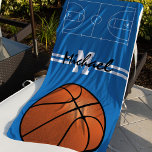 Toalha De Praia Monograma Personalizado para Crianças de Basquete<br><div class="desc">Toalha de praia personalizada com um fundo azul que pode ser mudado para qualquer cor,  uma quadra de basquete,  suas iniciais,  nome e uma bola de basquete.</div>