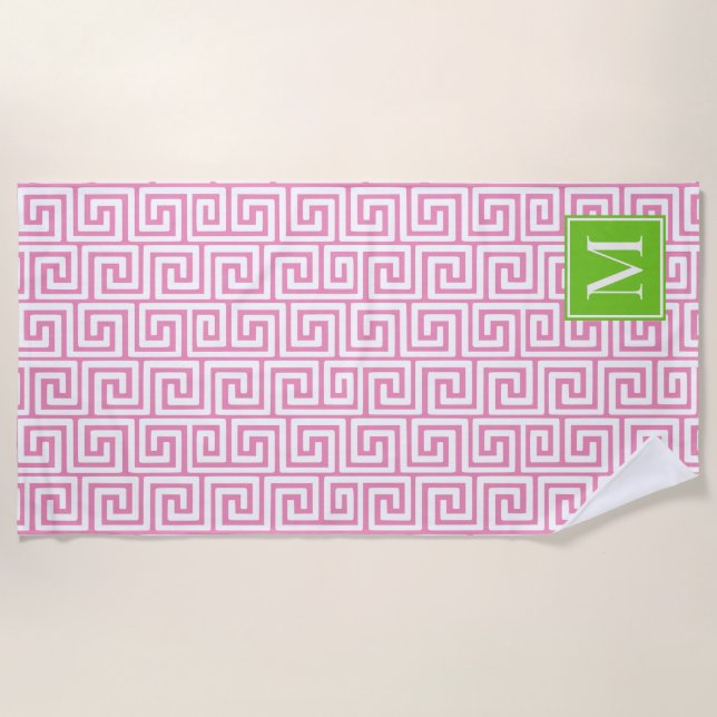 Toalha De Praia Monograma Preppy com Chave Grega – Rosa e Verde Li (Frente)