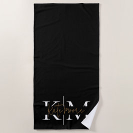 Toalha De Praia Monograma Preto Dourado Elegante e Sofisticado 