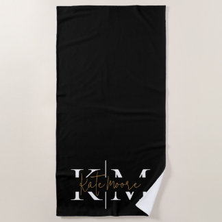Toalha De Praia Monograma Preto Dourado Elegante e Sofisticado