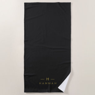 Toalha De Praia Monograma preto Dourado Elegante minimalista mod