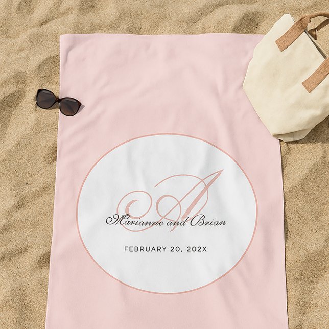 Toalha De Praia Monograma Rosa Bege e Branco (Wedding anniversary or honeymoon memory gift)