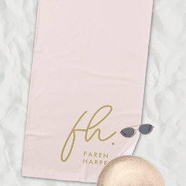 Toalha De Praia Monograma Script Simples Blush Chic Monograma Dour