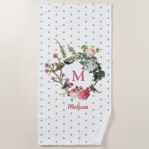Toalha De Praia Monograma Vintage Bolinhas Florais & Bird Wreath
