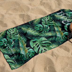 Toalha De Praia Monstera Palm Banana Folhas Tropicais Monograma