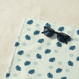 Toalha De Praia Monstera tropical deixa monograma em azul