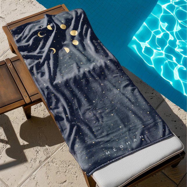 Toalha De Praia Moon Celestial Fases Douradas Monograma (Criador carregado)