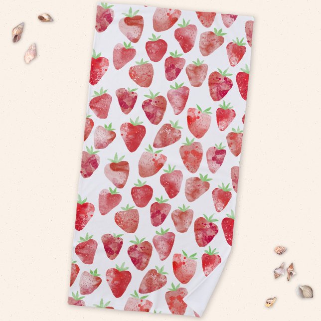 Toalha De Praia Morangueiro Aquarela Fruta (Fresh Strawberry fruit watercolor pattern beach towel)