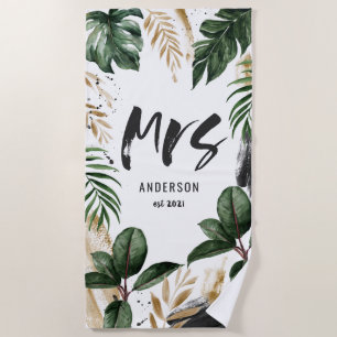 Toalha de praia Mrs folha tropical & tipografia