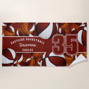 Toalha De Praia Muitas bolas de basquete maroon branco nome