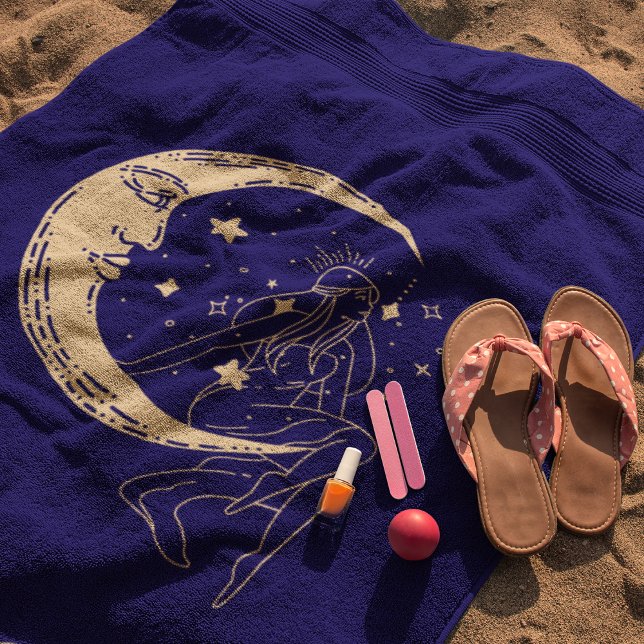 Toalha De Praia Mulher celestial lua & estrelas, boho, dourado ele (Criador carregado)