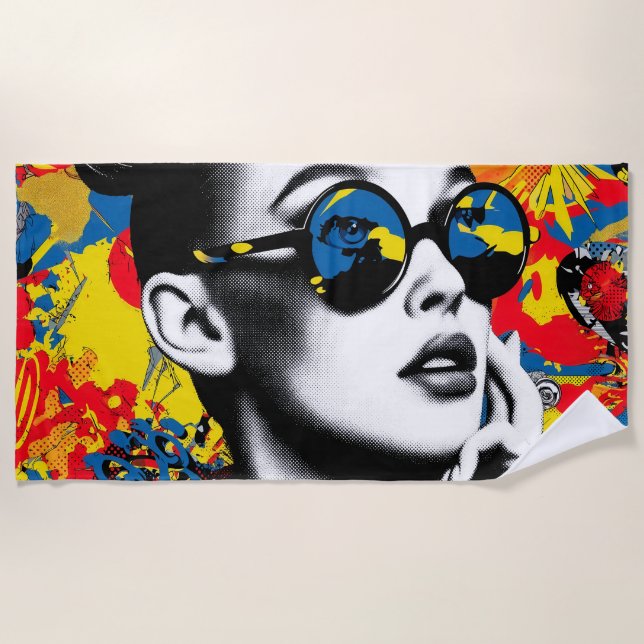Toalha De Praia Mulher de arte pop com óculos de sol (Frente)