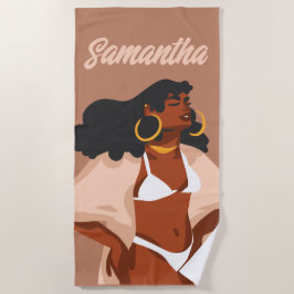 Toalha De Praia Mulher Negra, Bikini Branco, Pronta para Praia