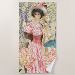 Toalha De Praia Mulher Vitoriana Floral Rosa Regência