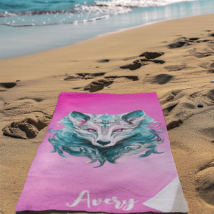 Toalha De Praia Mystical Wolf Turquesa Elegante e Lobo Rosa