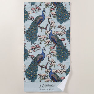 Toalha De Praia Na moda Peacock e Flor Bridesmaid Blue