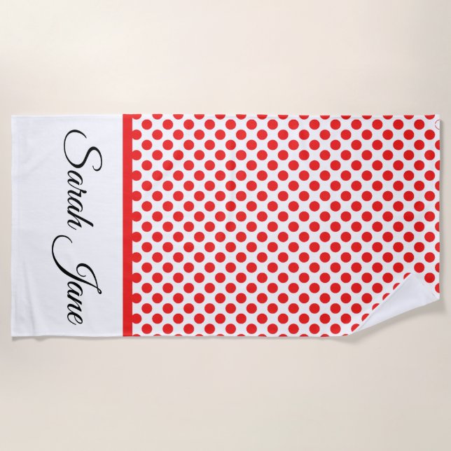 Toalha De Praia Na moda Red Bolinhas em branco personalizado (Frente)