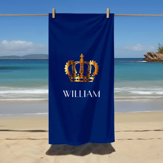 Toalha De Praia Na moda Royal Dourado Crown Name Blue (Stylish Royal Gold Crown Name Blue Beach Towel)