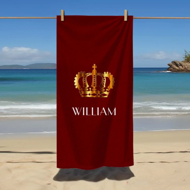 Toalha De Praia Na moda Royal Dourado Crown Name Red (Stylish Royal Gold Crown Name Red Beach Towel)