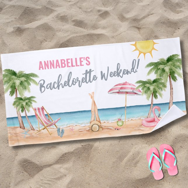 Toalha De Praia Namorada de Verão Tropical (Watercolor Bachelorette Party Tropical Beach Towel)