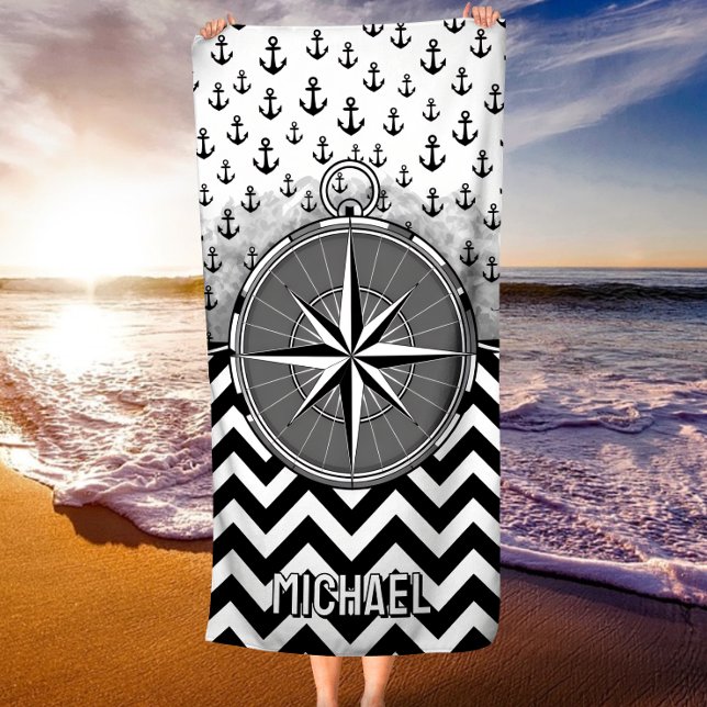Toalha De Praia Nautical Compass Rose Anchors Black White Chevron (Criador carregado)