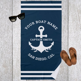 Toalha De Praia Nautical Navy Blue Boat Name