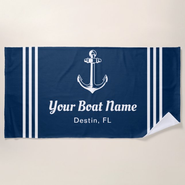 Toalha De Praia Nautical Navy Blue Custom Boat Name (Frente)