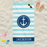 Toalha De Praia Náutico Personalizado Marinho Aqua Striped<br><div class="desc">Design de toalha de praia personalizada apresenta um design náutico com âncora de barcos redondos e texto personalizado em caracteres simples e modernos de serifa que podem ser personalizados com um nome próprio. O design do círculo azul marinho e a estrutura de texto contrasta um fundo branco e azul aqua...</div>