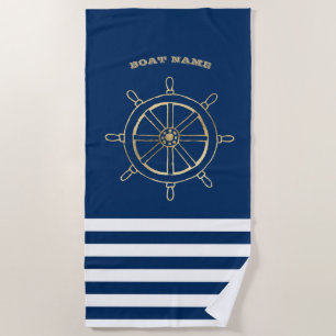 Toalha De Praia Náutico, Roda de Barco Dourada, Listras Azul-Marin