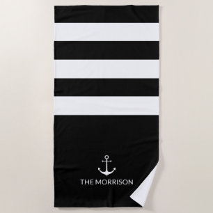 Toalha De Praia Náutico Stripes Nome do barco Ângulo Branco pret