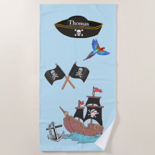Toalha De Praia Nave Pirata Caveira Cruzada Sinalizador Preto