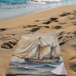Toalha De Praia Navio náutico da Vintagem Personalizada com Mapa A