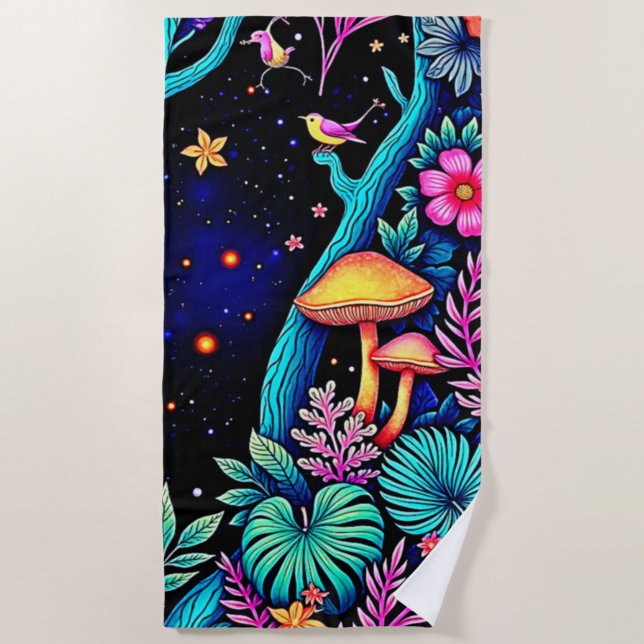 Toalha De Praia Neon Fantasy Forest Night Design (Frente)