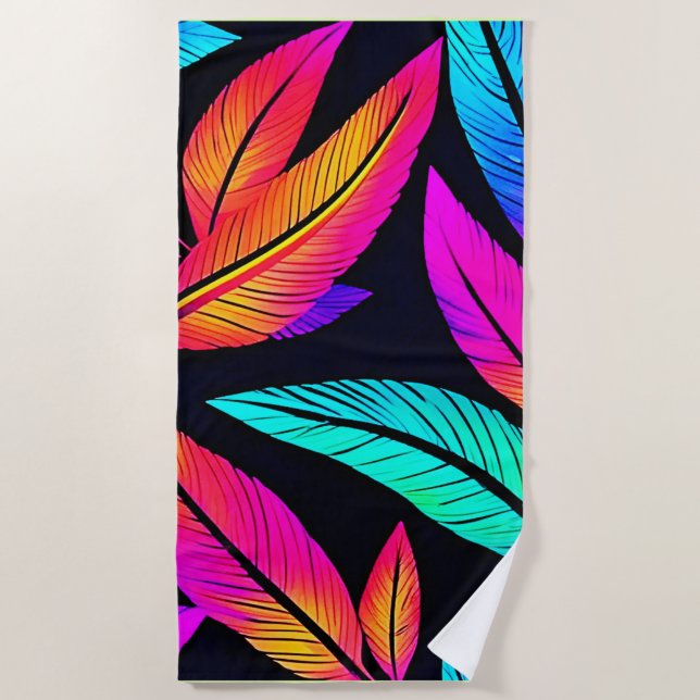 Toalha De Praia Neon Feather Pattern Vibrant Art (Frente)